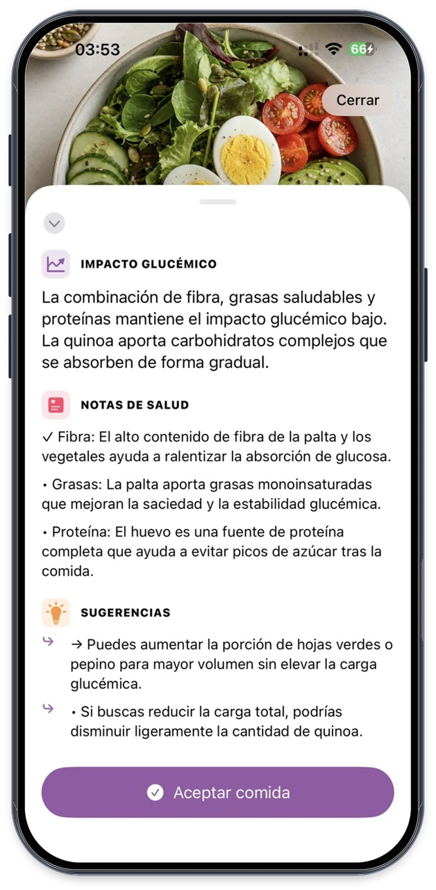Vista de Dalia con impacto glucémico, notas y sugerencias de una comida