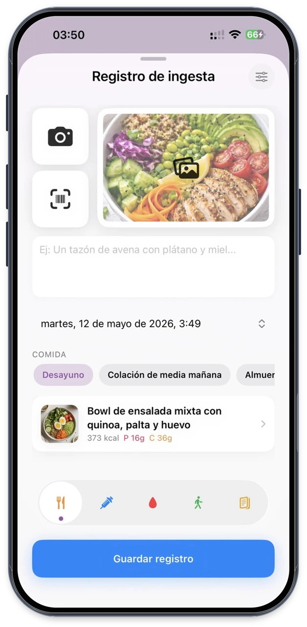 Vista de registro de comida en Dalia