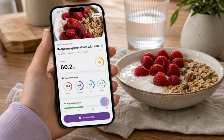Dalia shows carbs, macronutrients, and glycemic impact for a yogurt bowl with raspberries.